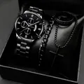 All-black quartz watch gift set with steel bracelet, ring, and cross necklace for men - Style 28 (Box Not Included) / Factory Direct Sales [bulk Orders Negotiable]