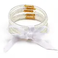 Set of 5 white silicone jelly bracelets with rice beads and elegant white ribbon bow - 5-Layer Set (JB618) / White