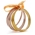 Elegant set of multi-layer gold glitter silicone bangles tied with a satin bow ribbon - Gold and Rose Gold
