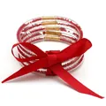 Festive set of 5 red seed bead silicone bangles with a large red satin bow for women. - 5-Layer Set (JB618) / Red