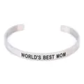 Premium silver stainless steel cuff bracelet engraved with 'World's Best Mom' text - World's best mom