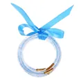 Detail view of light blue silicone jelly bangles featuring sparkling rhinestones and a ribbon bow - March