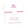 Pink wax cord nurse bracelet with a stethoscope pendant mounted on a themed message card - Red
