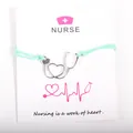 Handmade mint cord bracelet with silver stethoscope pendant on nurse appreciation card - Green