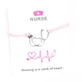 Pink wax cord nurse bracelet with stethoscope heart charm on white message card - Pink