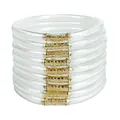 Elegant set of 12 transparent glitter-filled jelly bangles with textured gold sleeves - Set of 12 / White
