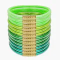 Set of 12 green glitter jelly bangles made of PVC silicone with gold clasp detail - Set of 12 / Green Series