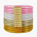 Sparkling set of 12 glitter-filled PVC jelly bangles with decorative gold metal sleeves - Set of 12 / Pink, White and Light Gold