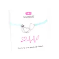 Light blue wax cord nurse bracelet with silver stethoscope heart pendant on display card - Sky Blue