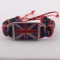 Handcrafted Union Jack British flag woven leather bracelet with vintage braided cord - United Kingdom