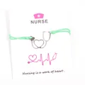Green wax cord nurse bracelet with heart-shaped stethoscope pendant on card - Grass Green