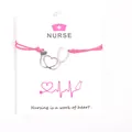Pink wax rope bracelet with a stethoscope heart pendant on a nurse gift display card. - Rose Red