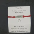 Teacher appreciation red cord bracelet with engraved Teach metal bar on wish card - TEACH Letter Style / Red