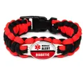 Detail view of the red and black braided paracord bracelet with a medical alert diabetic tag - Diabetic Style
