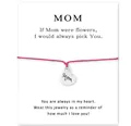 Detailed view of a pink braided bracelet with a heart 'Mom' charm on a gift message card. - Heart Engraved Style (Mom) / Rose Red
