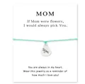 Mint green woven adjustable bracelet on white card with heart charm and 'MOM' message - Heart Engraved Style (Mom) / Aquamarine