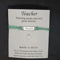 Green wax rope woven teacher blessing bracelet with TEACH engraved silver plate card - TEACH Letter Style / Green