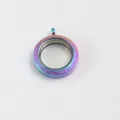Detail view of a rainbow iridescent circular glass locket pendant in stainless steel. - Small (6*25mm) / Rainbow