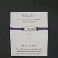 Purple wax cord teacher wish bracelet with silver engraved metal plate on card - TEACH Letter Style / Purple