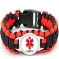 Red and black woven paracord medical alert bracelet for diabetics with black buckle - Diabetic Black Style