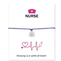 Purple waxed cord bracelet with nurse cap charm on inspirational card for medical staff. - Purple