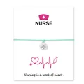 Detail of nurse charm bracelet on gift card with Nursing is a work of heart quote - Blue