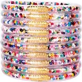 Set of 12 colorful bead-filled jelly bangles featuring unique gold-textured tube clasps - Multicolor Bead-filled Style / Set of 12 / Seed Beads
