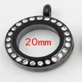 20mm black stainless steel round locket pendant with clear rhinestones and glass window - 20mm / Black