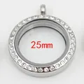 25mm silver stainless steel round glass locket pendant with sparkling crystal border - 25mm / Steel