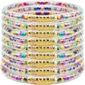 Set of 9 colorful bead-filled PVC jelly bangles with engraved gold connectors - 9 Pieces Set / Rainbow Mixed Beads