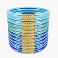 Set of 12 glitter-filled blue jelly bangles with decorative gold-tone metal connectors. - Set of 12 / Blue Series