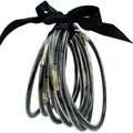 Set of 9 glitter jelly bangles in black and smoke grey tied with a black ribbon bow - 9 Pieces Set / Black