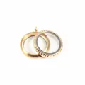 Gold stainless steel round glass locket pendant with clear stones for jewelry making - 35mm / Gold
