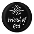 Detailed close-up of a black Noosa snap button featuring Friend of God embossed text - Olive Green