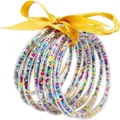 Set of 9 colorful jelly bangles with beads and a yellow decorative ribbon bow - 9 Pieces Set / Seed Beads