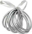 Set of 9 glittery silver flexible silicone jelly bangles tied with a white ribbon bow - 9 Pieces Set / Silver