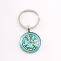 Viking Vegvisir compass keychain with blue glass gem pendant for men and women - Cyan Viking Compass / Silver