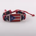 Handmade leather bracelet with Puerto Rico flag design and woven red wax thread - Puerto Rico