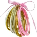 Set of 12 glittery PVC silicone jelly bangles for women tied with a decorative pink bow - Set of 12 / Gold White Pink