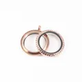 Elegant rose gold stainless steel round glass locket pendant with sparkling rhinestones - 38mm / Rose Gold