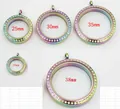 Rainbow stainless steel round floating glass locket with rhinestones in various sizes - 25mm / Multicolor