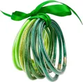 High-quality set of multiple green glitter jelly bangles tied with decorative ribbon. - Set of 12 / Green Series