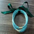 Peacock green multi-layer glitter silicone bangles with a green satin ribbon bow - 5 Pieces / Peacock Green