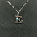 Retro turquoise letter E initial necklace with silver-tone western style engravings - Letter E