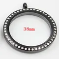 Premium black stainless steel 38mm round locket pendant with sparkling clear crystals - 38mm / Black