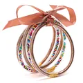 Stylish multilayer silicone glitter bangles set with colorful beads and a bronze ribbon bow - 5 Pieces / Rose Gold with Seed Beads
