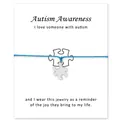 Verzilverde puzzelbedel armband met Autism Awareness kaart aan lichtblauw waskoord - Blauw