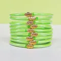 Ensemble de 9 bracelets joncs en silicone vert avec paillettes et breloques lotus dorées - Pack de 9 Pièces / Vert Fluorescent