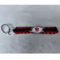 Close-up detail of red and black braided paracord keychain with Diabetic medical alert tag. - Diabetic Blue