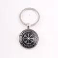 Norse Viking Vegvisir Compass keychain with runic circle pendant on white background - Black Base Viking Compass / Silver